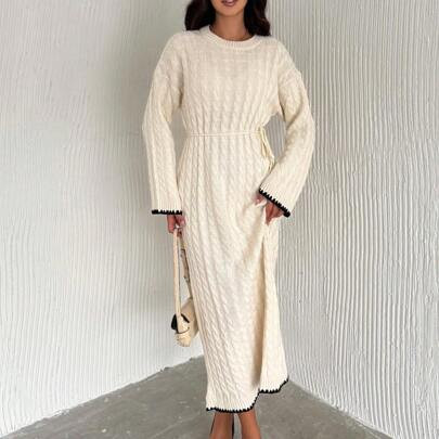 Women's Maxi Cable Knit Dress Solid Color Maxi Winter Knit Sweater Dress Cable Knit Sweater Modest Maxi Dress | SHEIN