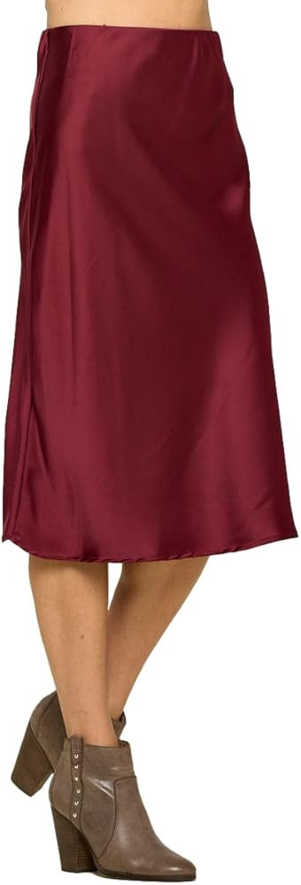 Women Solid High Waist Silky Casual Elastic Satin Midi Skirt -Made in USA (Available in Plus Size... | Amazon (US)