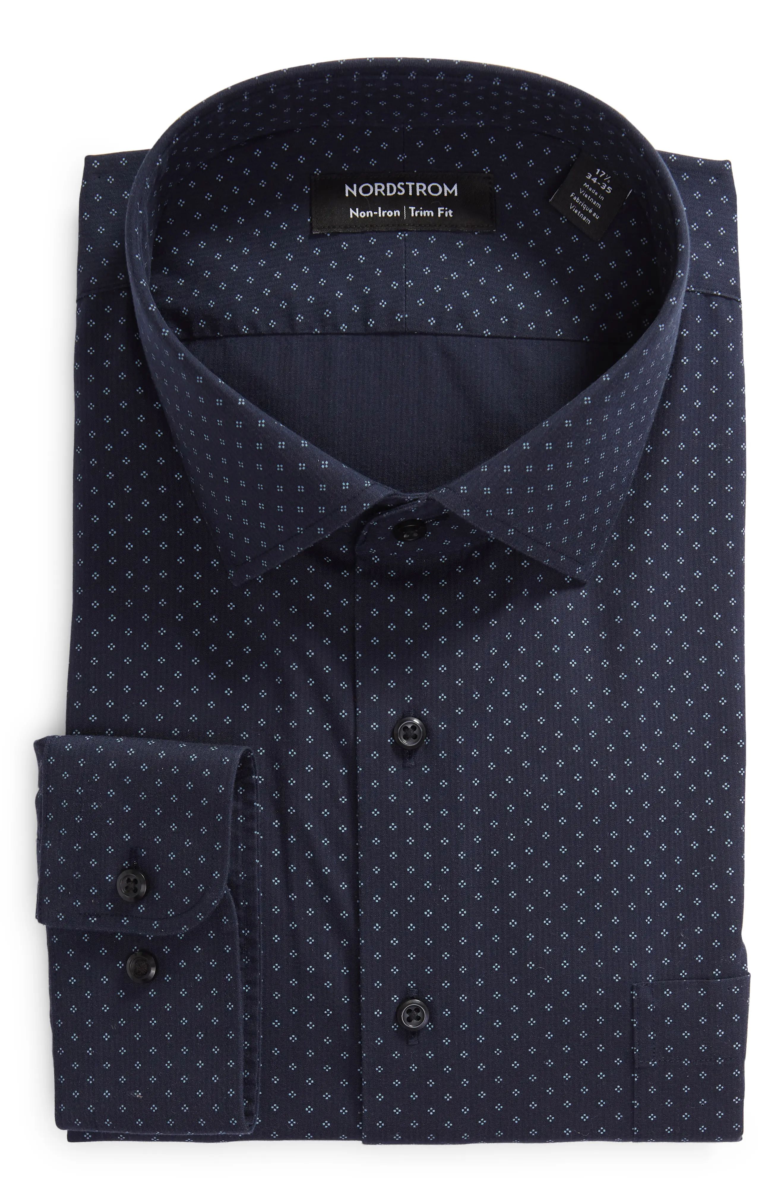 Nordstrom Trim Fit Non-Iron Cotton Dress Shirt in Navy- Blue Dobby Stripe at Nordstrom, Size 16 - 34 | Nordstrom