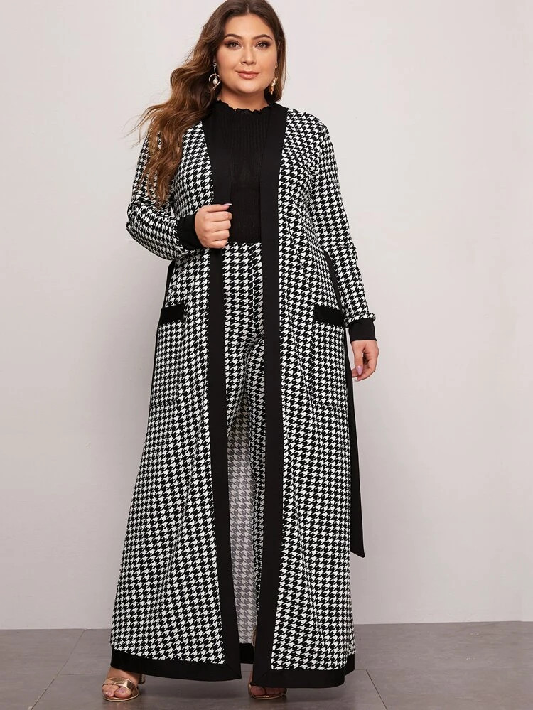 SHEIN Plus Patch Pocket Belted Houndstooth Coat & Leggings Set | SHEIN