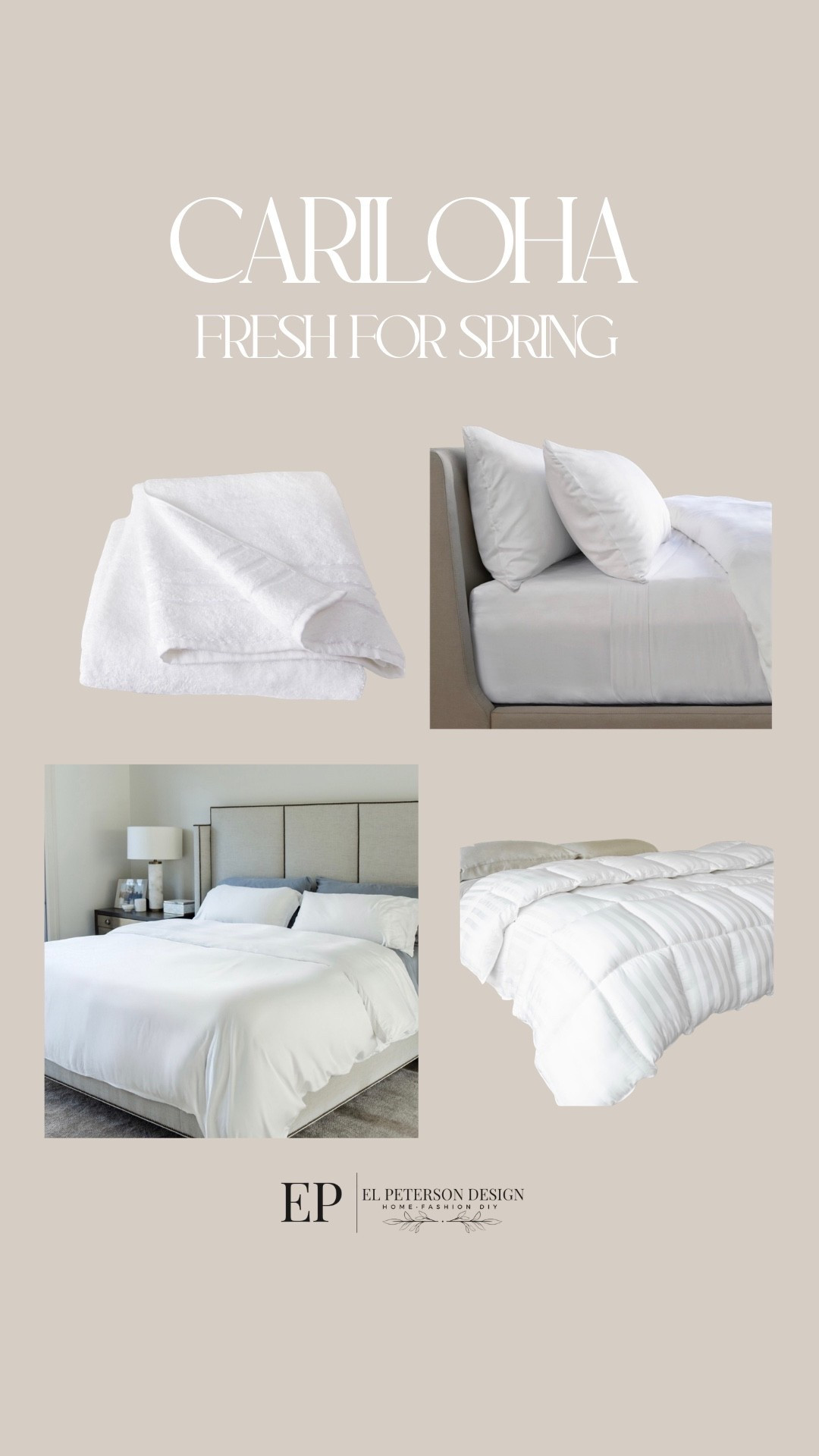 
Spring Reset 
USE my Promo Code: ELPETERSON35
For 35% off sitewide, 25% off mattresses & bases
-Valid until May 31st
@cariloha 
#ad 
#livecariloha 
Cariloha
Pillow case
Duvets
Sheet sets 
Comforter 
Cariloha
Sheets
Bedding
Towels 
Comforter 