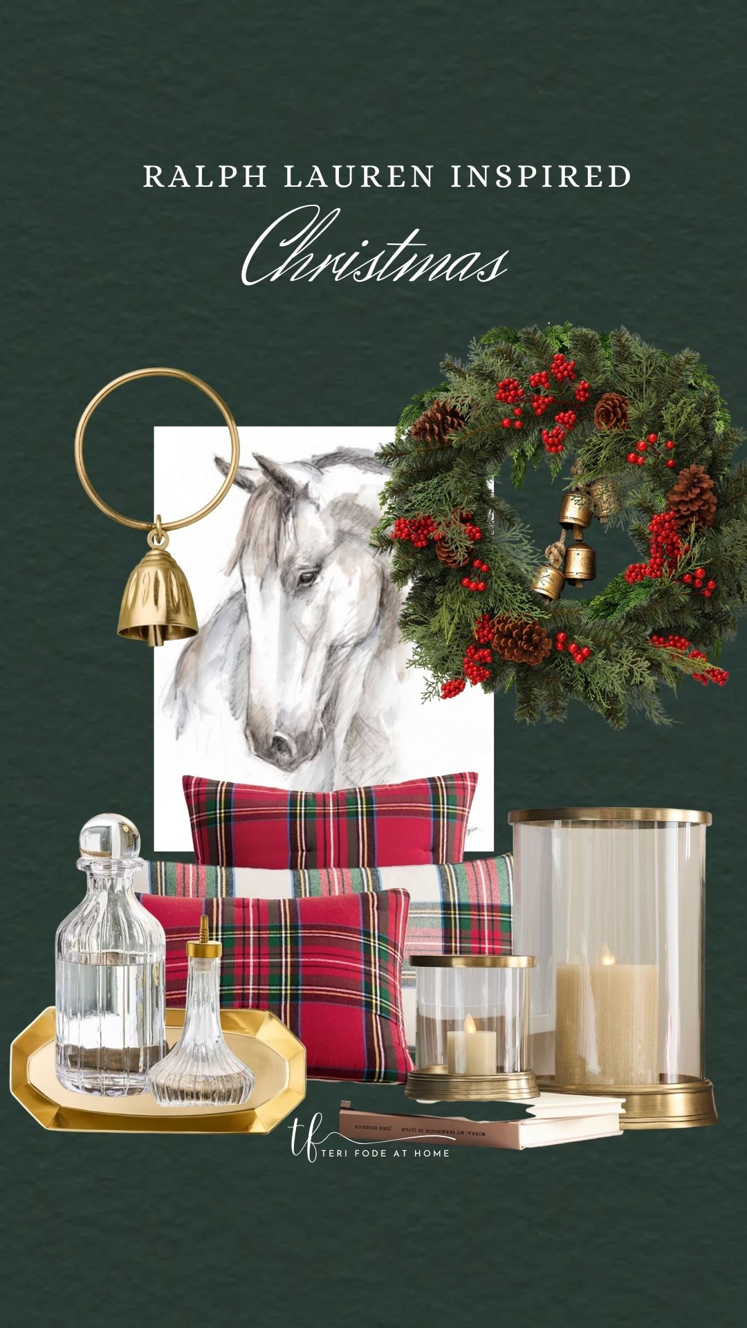 A Ralph Lauren inspired Christmas! Red tartan pillows, Christmas bells, hurricane candles, crystal decanter, gold, berry and pinecone wreath, equestrian wall art, horse wall art

#LTKHome #LTKSeasonal #LTKHoliday