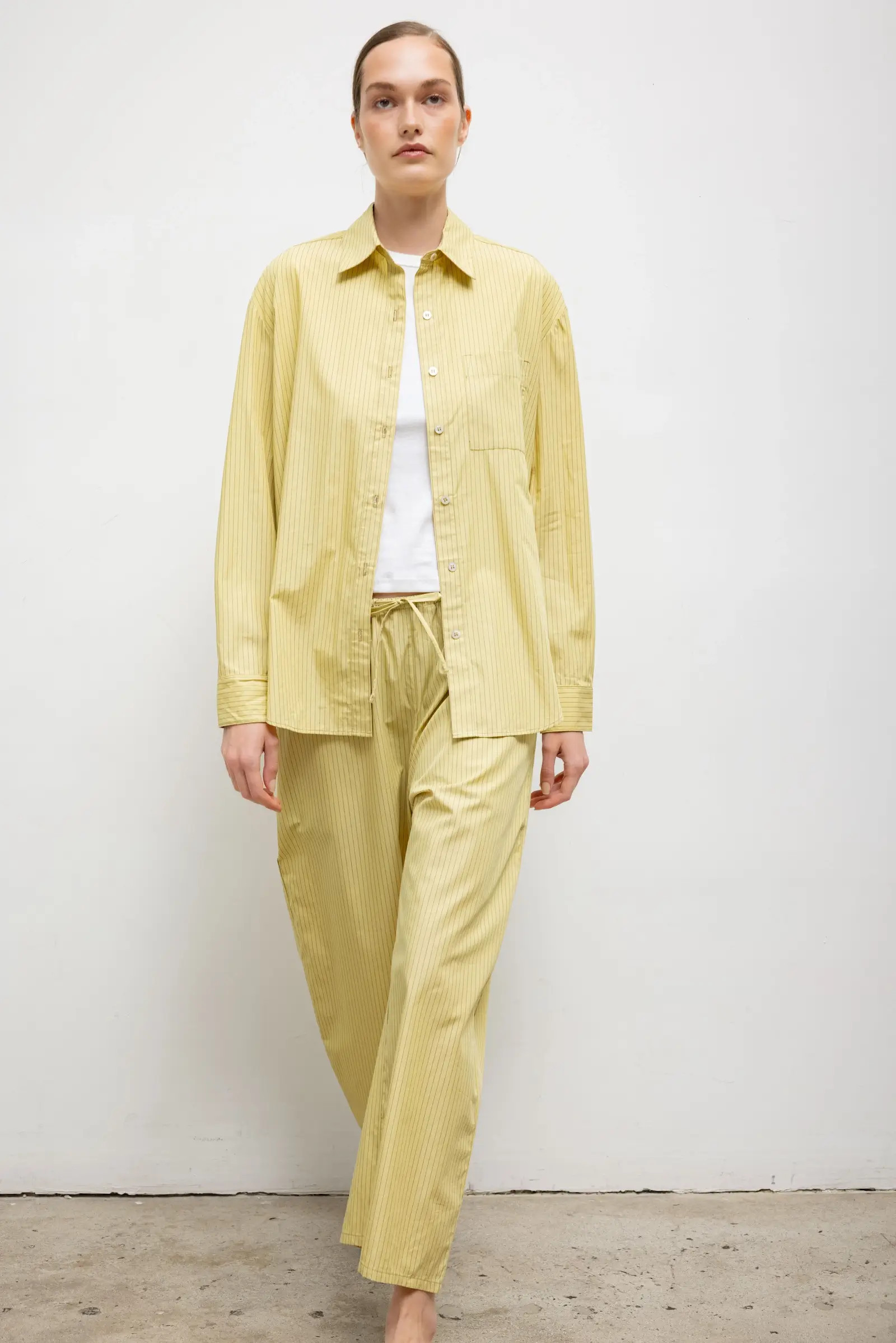 LESET Yoshi Stripe Crop Drawstring Pant in Lemon/Chocolate in Cotton | LESET