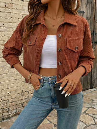 New Women's Brown Corduroy Long Sleeve Shirt Casual Spring | SHEIN