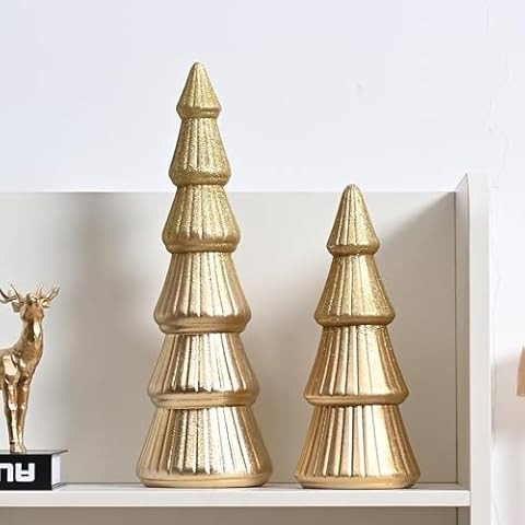 WONDROUS' DECO Wooden Christmas Tree Figurine, Tabletop Gold Tree Figurine, Set of 2 Desk Centerp... | Amazon (US)