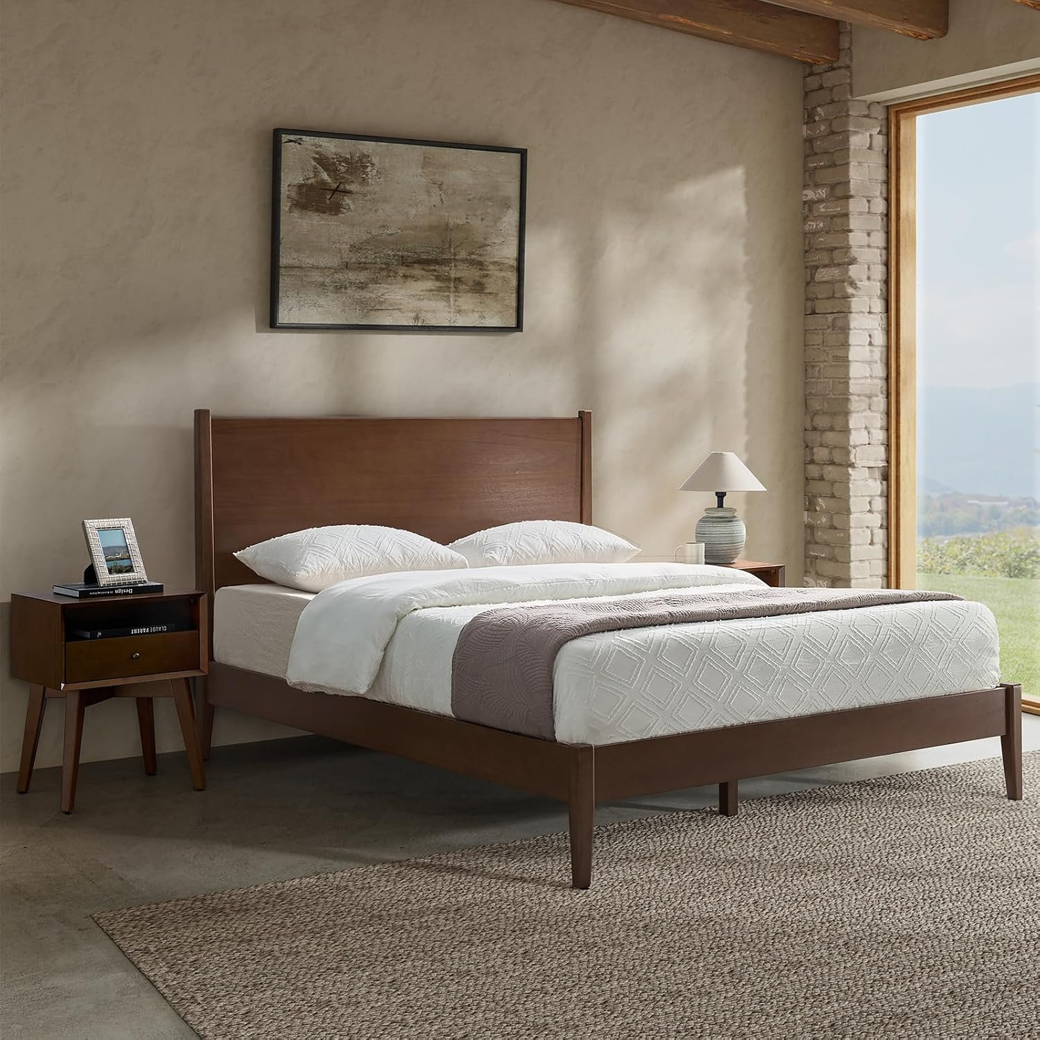 HULALA HOME Mid-Century Modern Solid Wood Queen Bed with 2 Nightstands, 3-Piece Bedroom Set, Walnut | Amazon (US)
