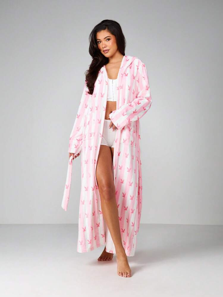 Missguided X Playboy Hooded Long Sleeve Pink Bunny Print All Over Pattern Fleece Robe With Tie Belt Maxi Length Loungewear Sleepwear | SHEIN