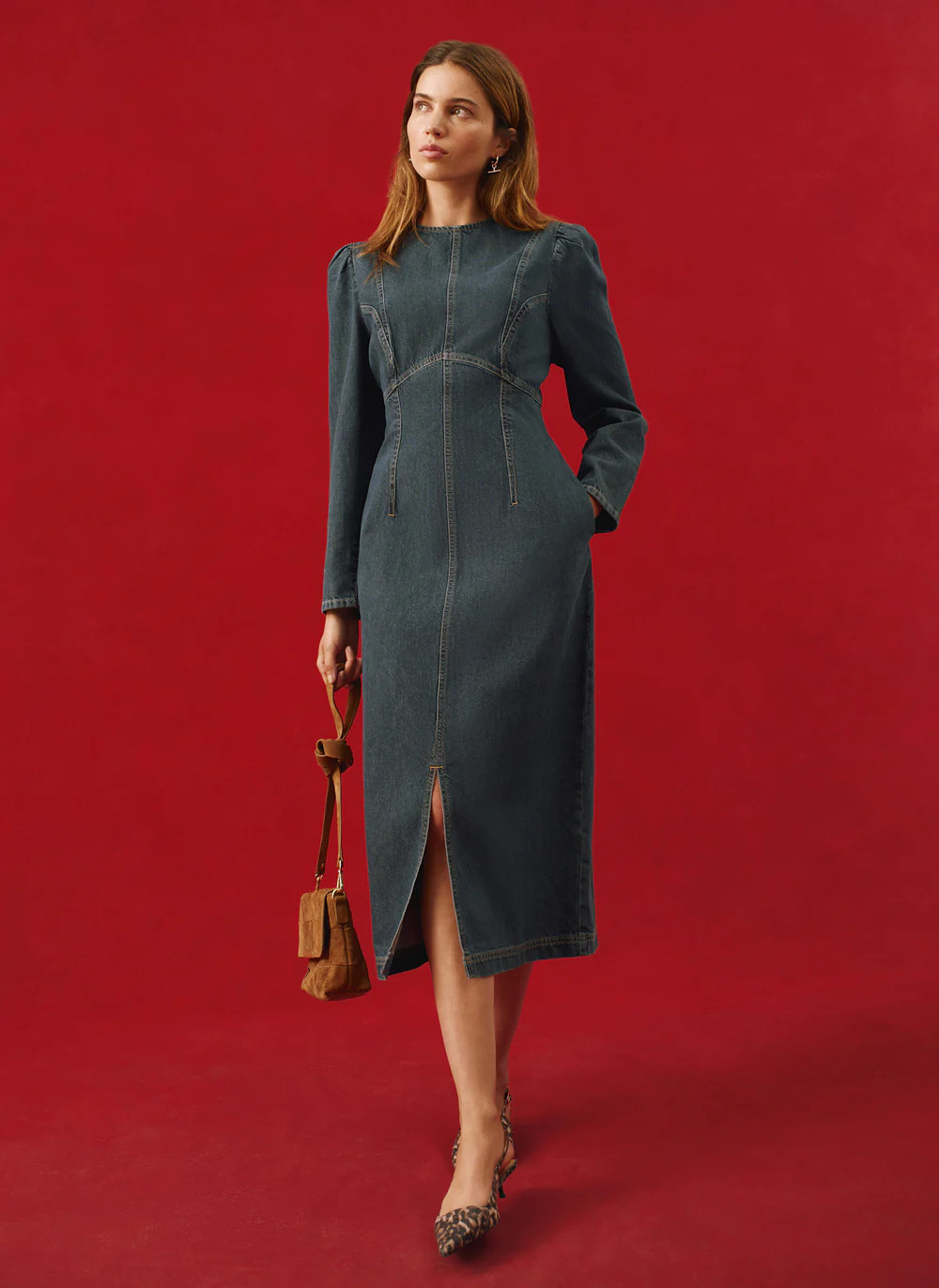 Dark Indigo Denim Puff Sleeve Midi Dress | Mint Velvet