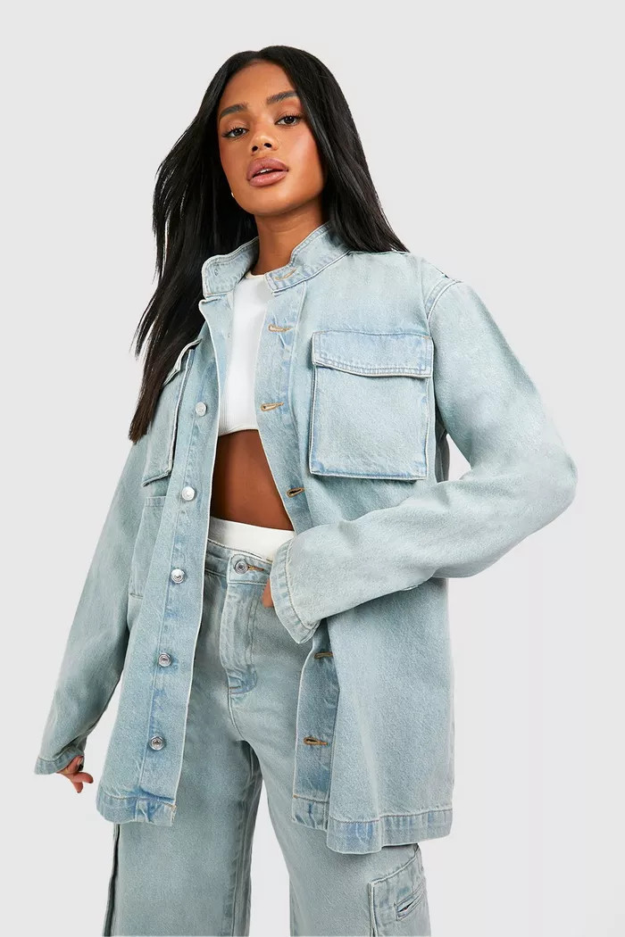 Cargo Pocket Longline Denim Shacket | Boohoo.com (UK & IE)