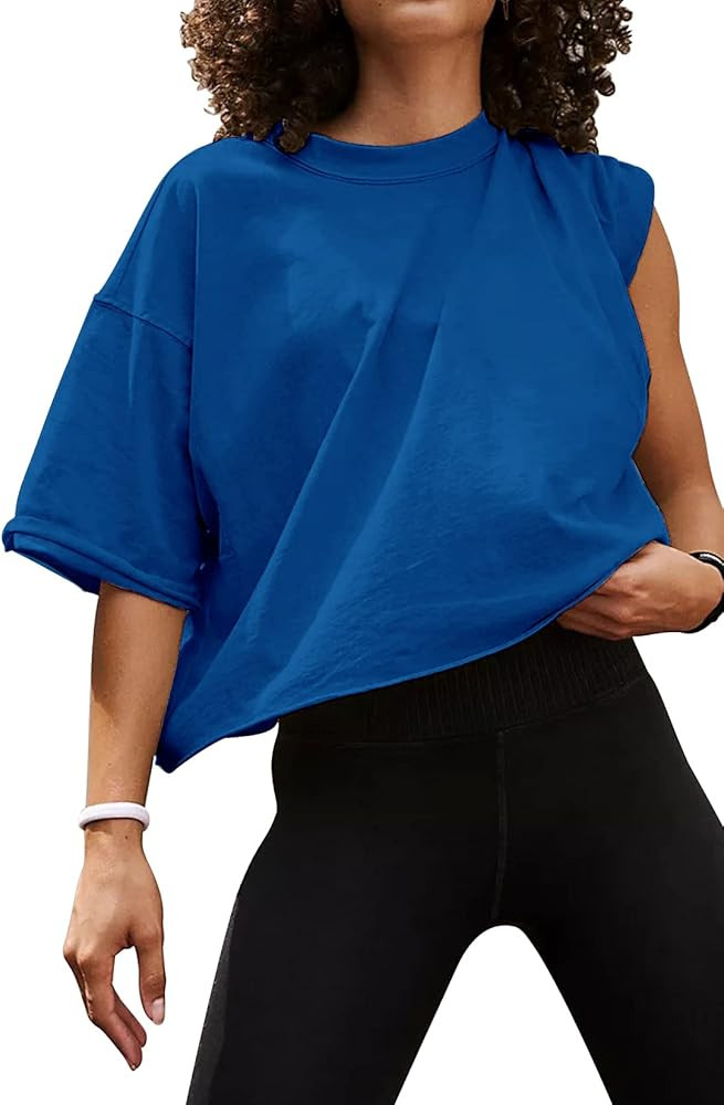 Women's Oversize Workout Crop Tops Casual Short Sleeve Drop Shoulder Boxy T-Shirts Roll Hem Basic... | Amazon (US)
