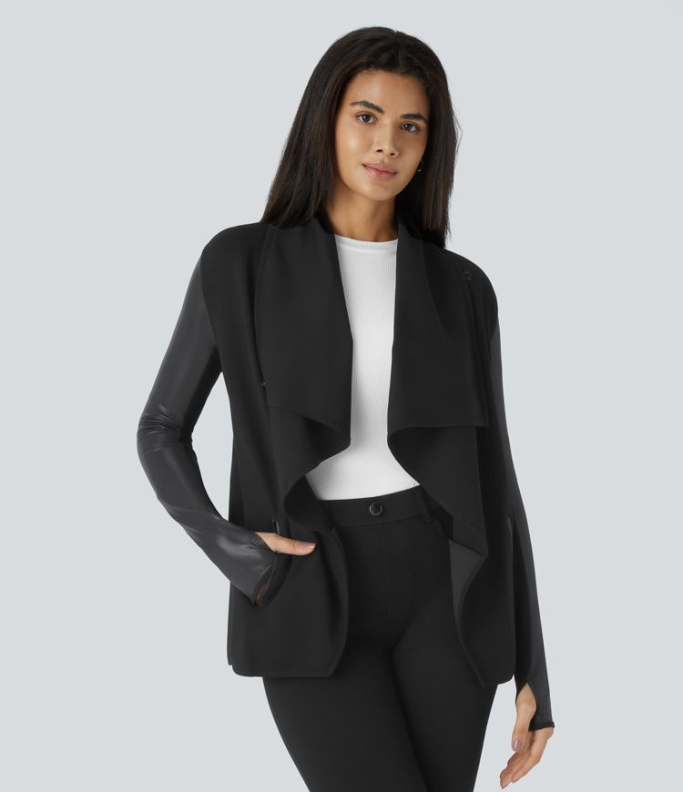 Women’s Waterfall Button Thumb Hole Side Pocket Patchwork Work Jacket - Halara | HALARA