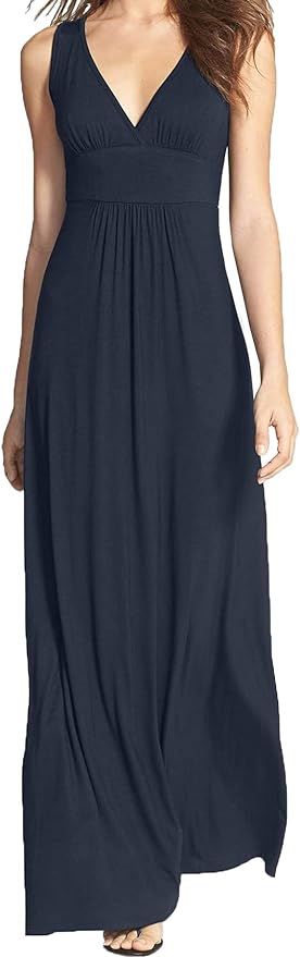 WOOSEA Women Sleeveless Deep V Neck Loose Plain Long Maxi Casual Dress | Amazon (US)