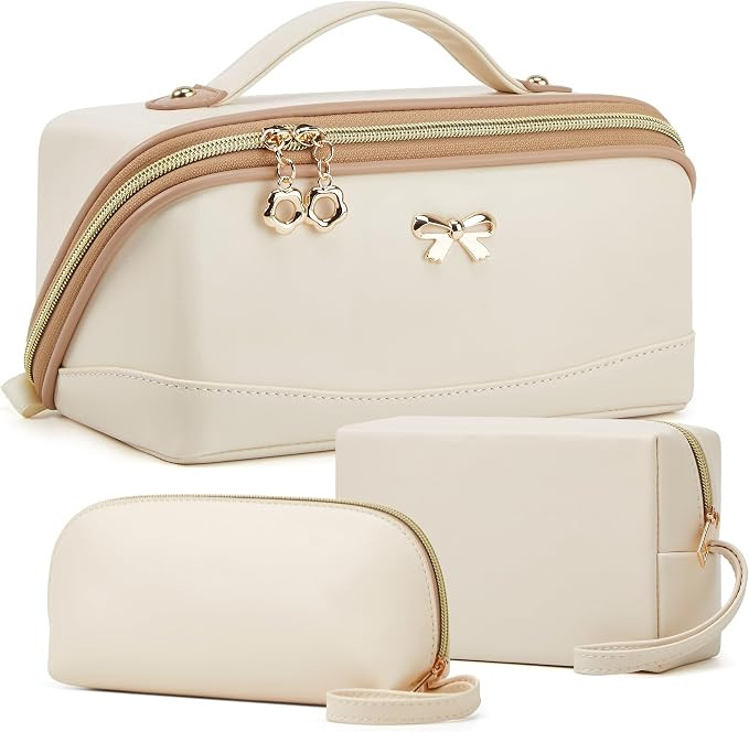 YTL Travel Makeup Bag, Large Capacity Cosmetic Bag for Women, Waterproof PU Leather, Flat Open Po... | Amazon (US)