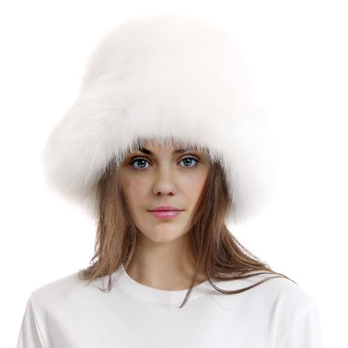 FHQHTH Women's Fluffy Faux Fur Bucket Hat Warm Fuzzy Winter Cap Cozy Soft Outdoor Fashion Hat [White] | Amazon (US)
