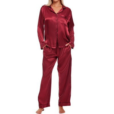 ADR Long Sleeve Satin Pajama Set for Women, Satin PJs for Women Set, Womens Satin Pajama Set Burgundy with Black Piping Small | Target