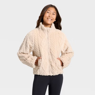 Girls' High Pile Cable Texture Full Zip Jacket - All In Motion™ Cream XS | Target