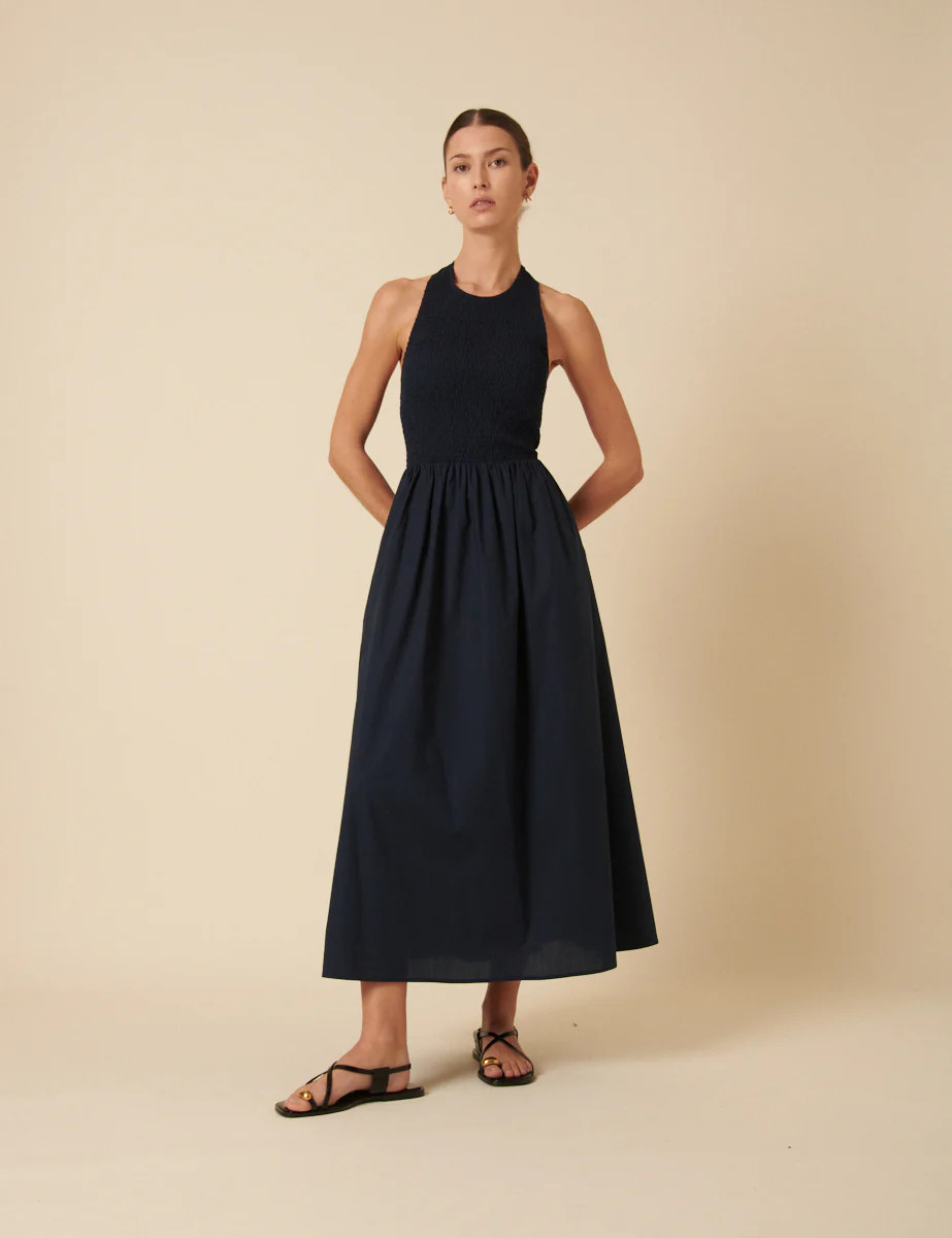 Navy Shirred Halter Neck Tizzy Midi Dress | Nobody's Child