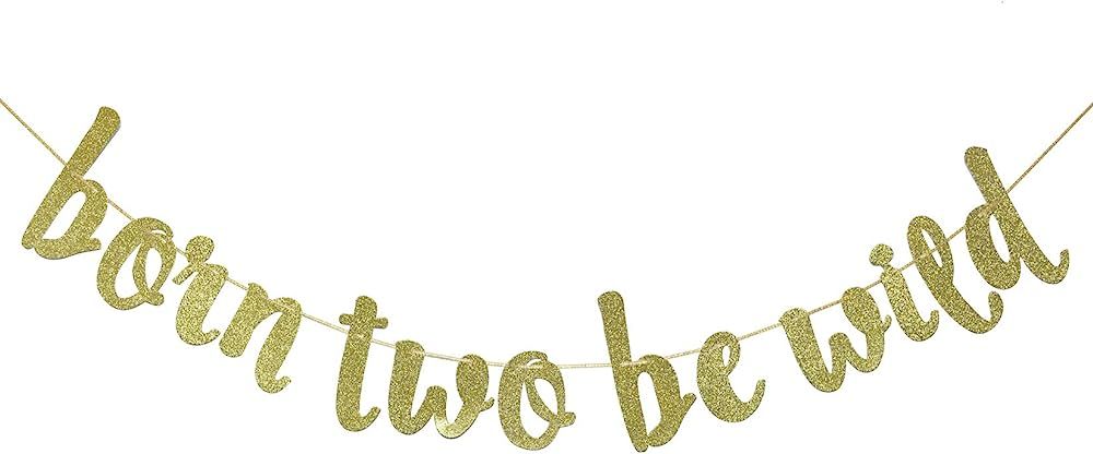 Born Two Be Wild Glitter Banner, Two Years Old Banner, 2nd Birthday Party Decor (Gold) | Amazon (US)