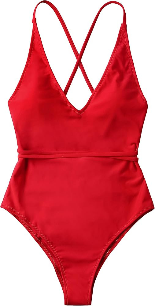 Monokini Swimsuits for Women Deep V Spaghetti Straps Tie Back Cross Cutout Cheeky One Piece Bathi... | Amazon (US)