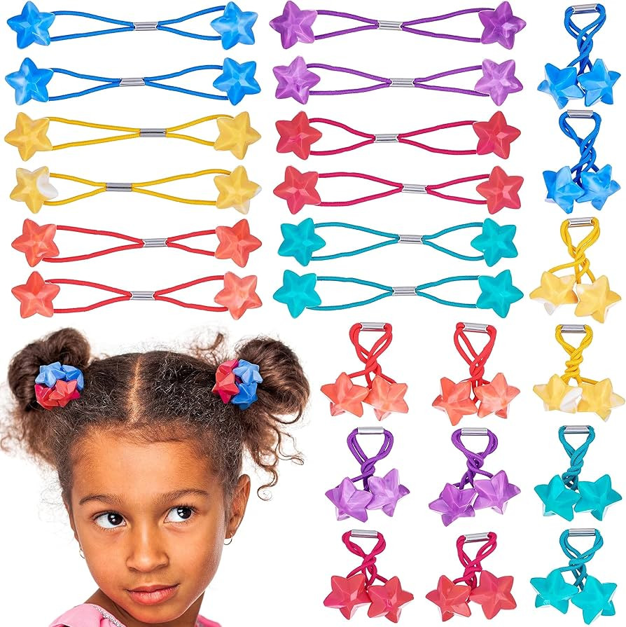24pc Ponytail Balls Hair Elastics,Star-Shaped Multicolored Twin Hair Beads, Value Pack | Amazon (US)