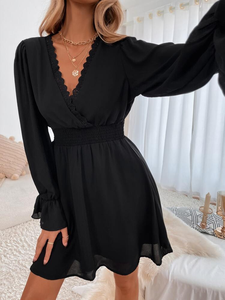 Lace Detail Shirred Dress | SHEIN