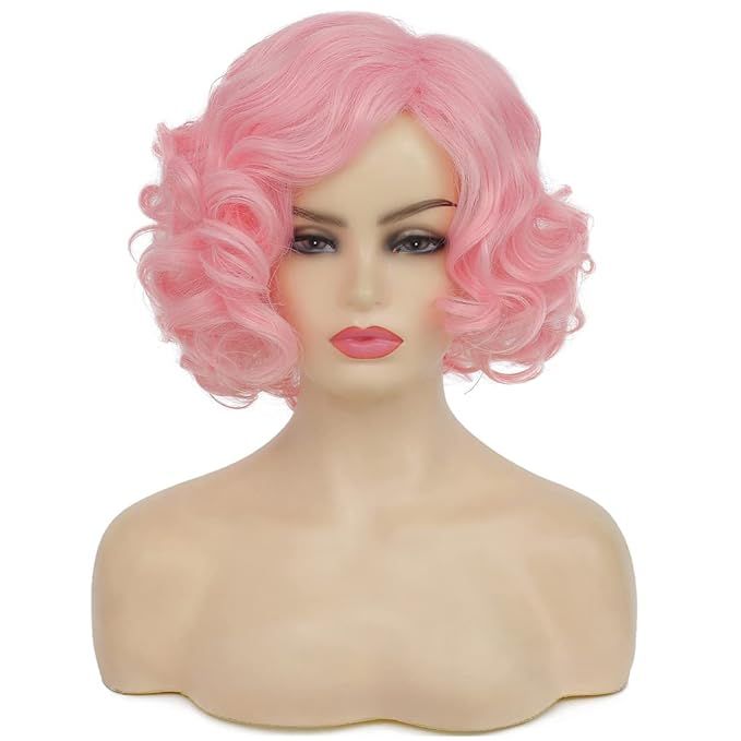 Baruisi Short Curly Pink Wigs for Women Synthetic Natural Wavy Pink Costume Cosplay Party Wig wit... | Amazon (US)