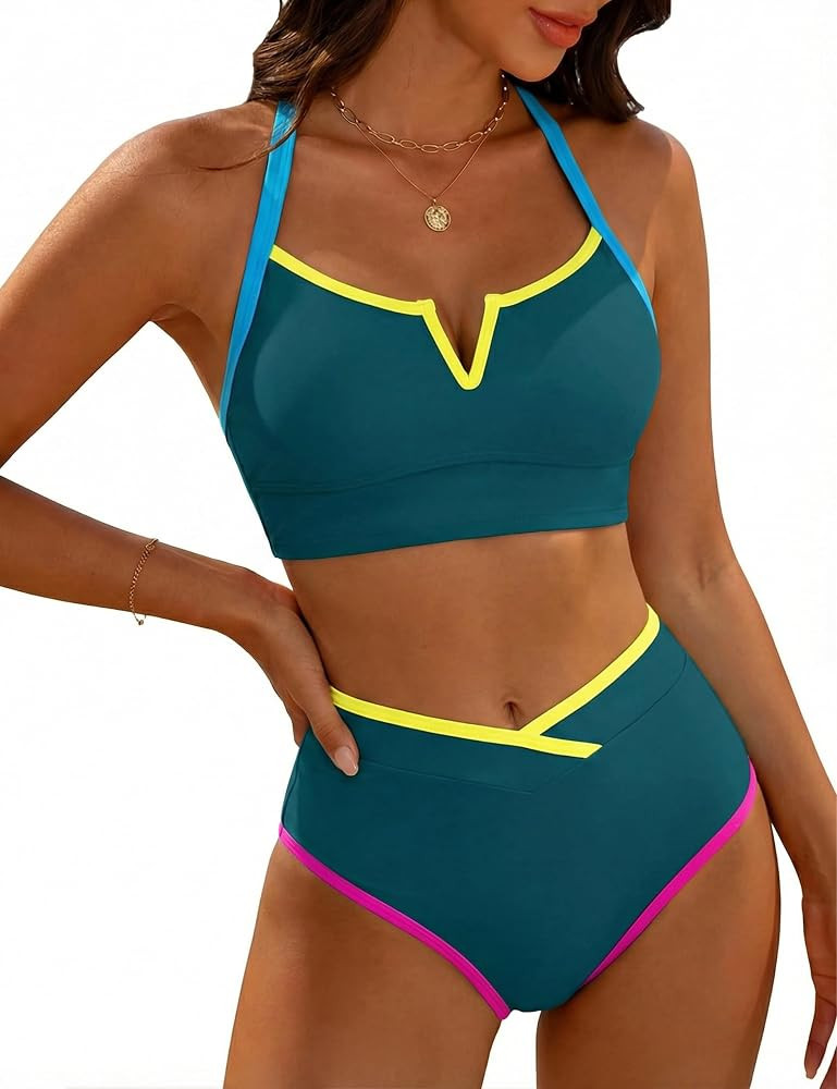 BMJL Womens Swimsuit Neon Trim High Waisted Bikini Sets Sporty Bathing Suit 2026 Smooth Tummy Con... | Amazon (US)
