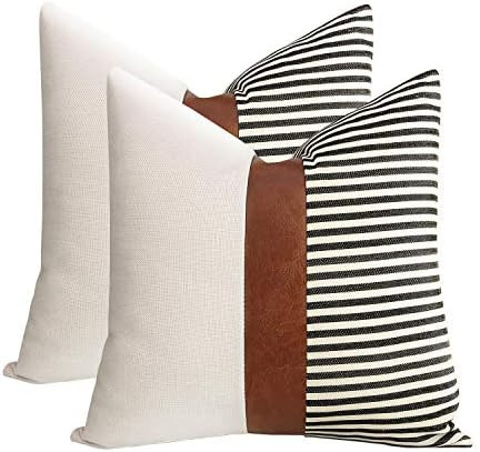 Set of 2 Farmhouse Decor Stripe Patchwork Linen Throw Pillow Covers ,Modern Tan Faux Leather Acce... | Amazon (US)