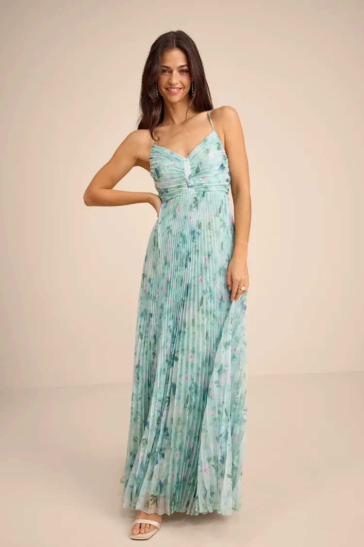 Whitley Mint Green Floral Pleated Sleeveless Maxi Dress | Lulus