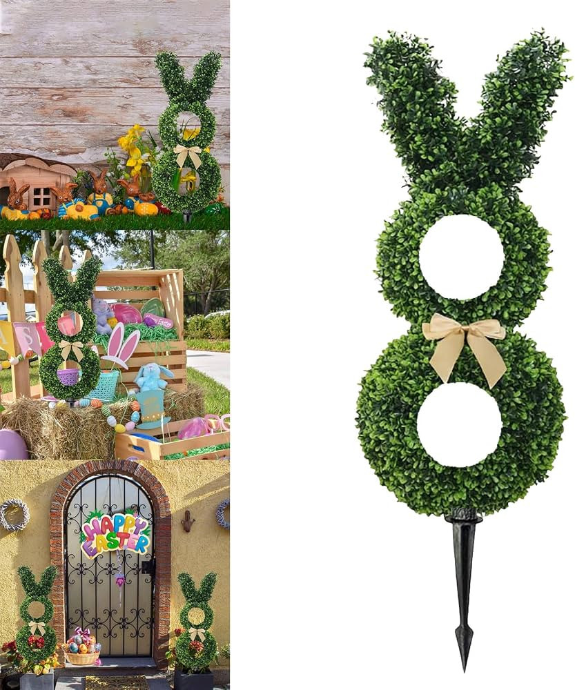 Bunny Topiary Outdoor, 28inch Easter Rabbit Shaped Topiary Trees with Ground Spike, Artificial Bu... | Amazon (US)