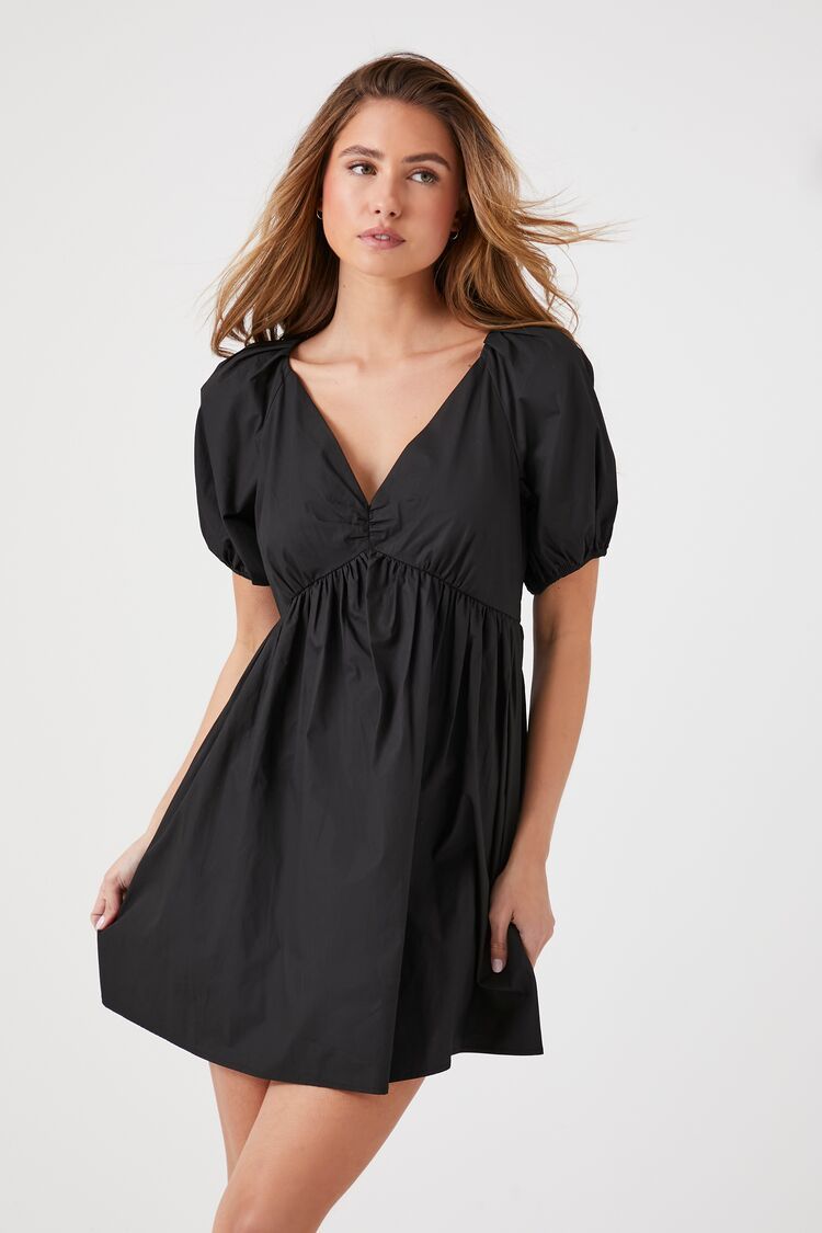 Women's Puff-Sleeve Babydoll Mini Dress in Black Small | Forever 21 (US)