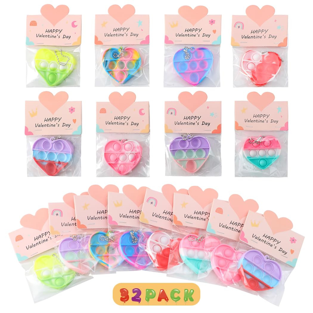 32 Pack Valentines Day Gifts for Kids - Valentines Cards with Mini Heart Pop Fidget Toys Bulk - V... | Amazon (US)