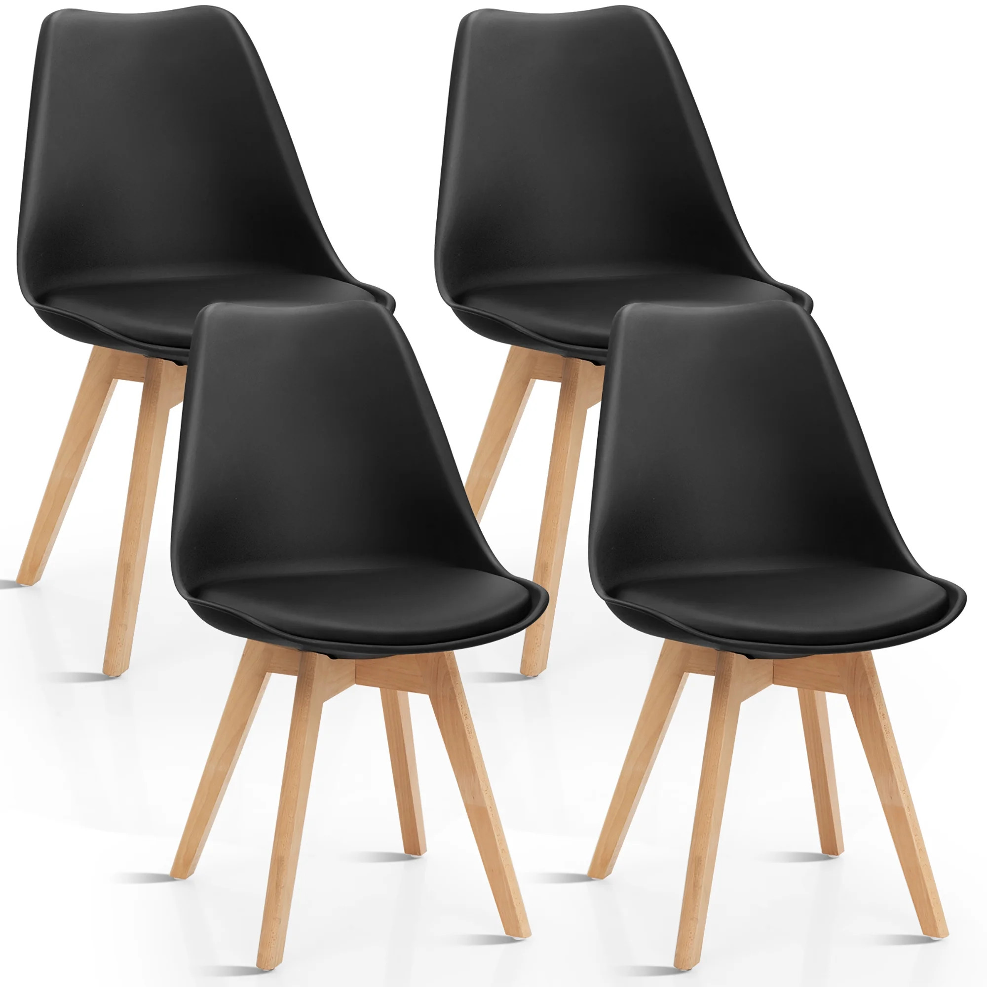 Costway Set of 4 Dining Chair Mid Century Modern Shell PU Seat W/ Wood Leg-Black | Walmart (US)