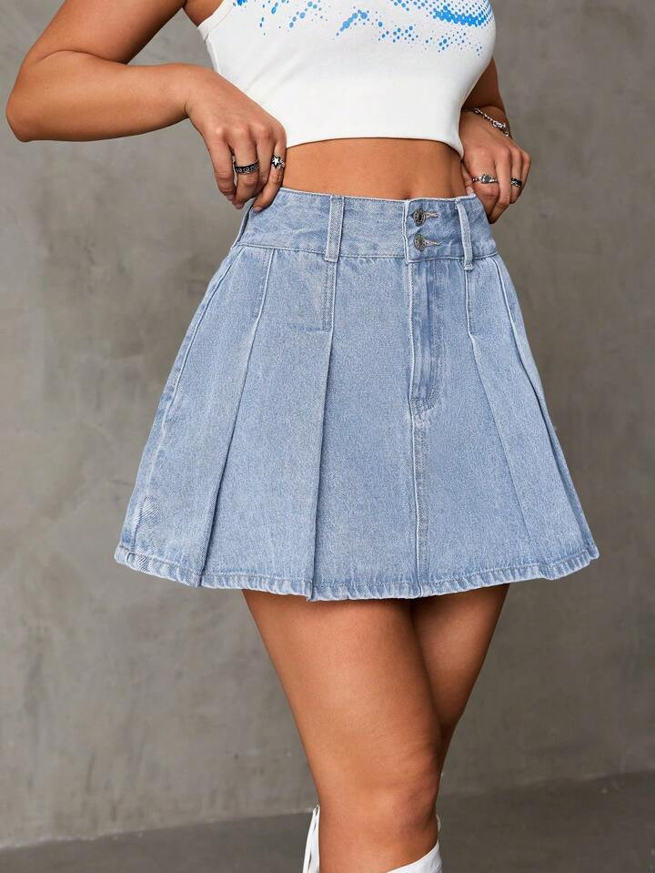 SHEIN ICON Minifalda de mezclilla casual y plisada para mujer | SHEIN