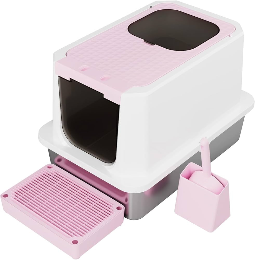 RIZZARI Enclosed Cat Litter Box: Pink Stainless Steel Odorless Cat Box - Top-Entry Design - Large... | Amazon (US)