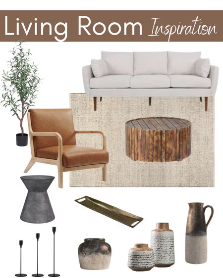 Living room furniture, area rug, sofa, accent chair, side table, round coffee table, faux olive tree, vase, water jug, candlesticks, tray 