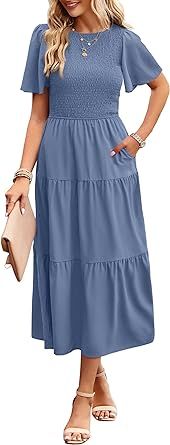 Summer Dresses for Women 2024 Casual Midi Dress with Pockets Boho Crew Neck Elastic Waist Smocked... | Amazon (US)