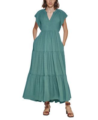 Calvin Klein Flutter-Sleeve Tiered Maxi Dress & Reviews - Dresses - Women - Macy's | Macys (US)