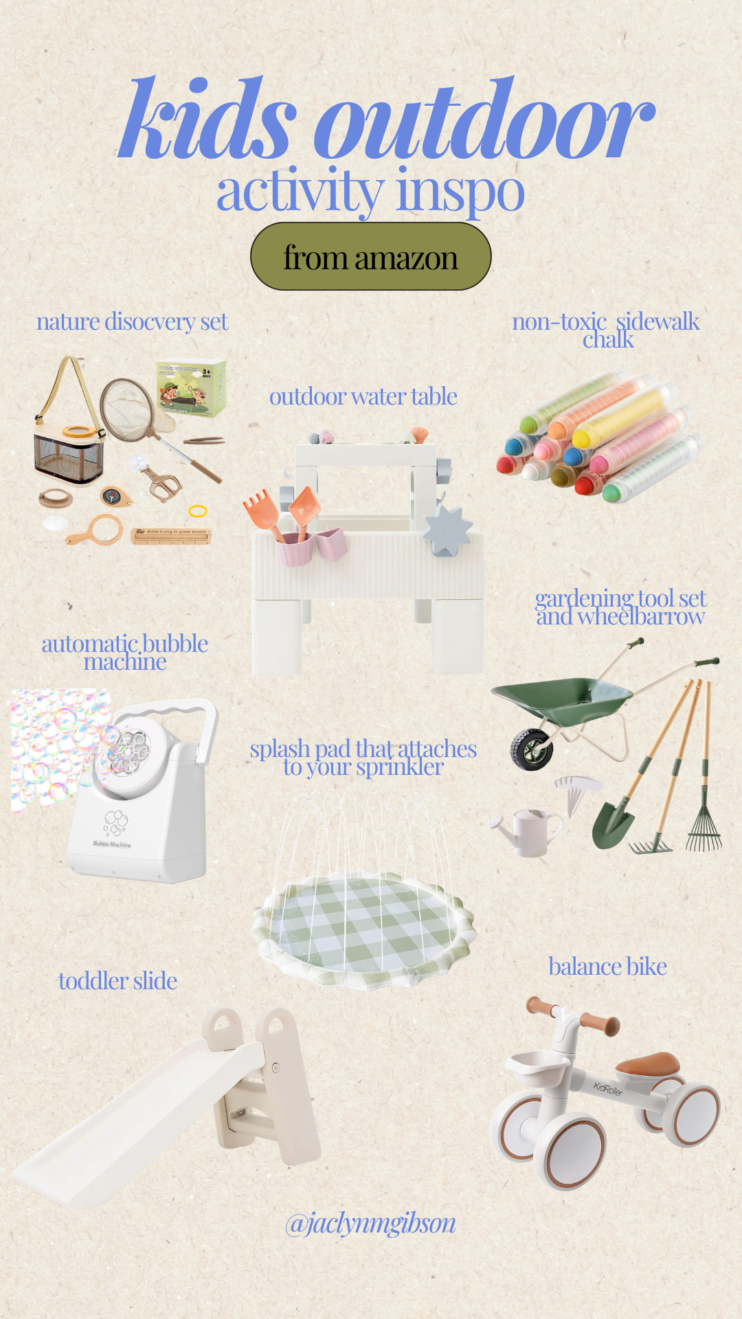 Kids outdoor activity inspo ☀️ Rounding up some favorite amazon finds to keep the littles busy outside — from the cutest water table + splash pad to chalk, bubbles, gardening tools, and a balance bike they’ll use nonstop. 

 

#LTKSeasonal #LTKBaby #LTKKids