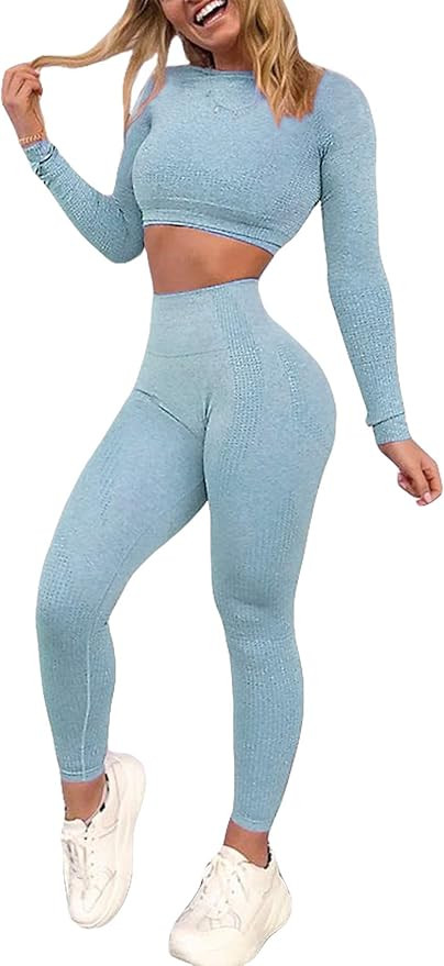 YOFIT Women's Workout Outfit 2 Pieces Seamless High Waist Yoga Leggings with Long Sleeve Crop Top... | Amazon (US)