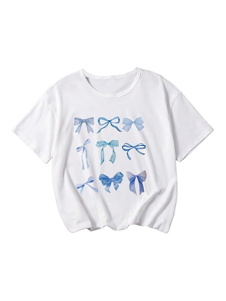 Girl's Bow Graphic Tees Short Sleeve Crewneck Crop Tops Cute Shirts Slim Fit Summer T Shirts | Amazon (US)