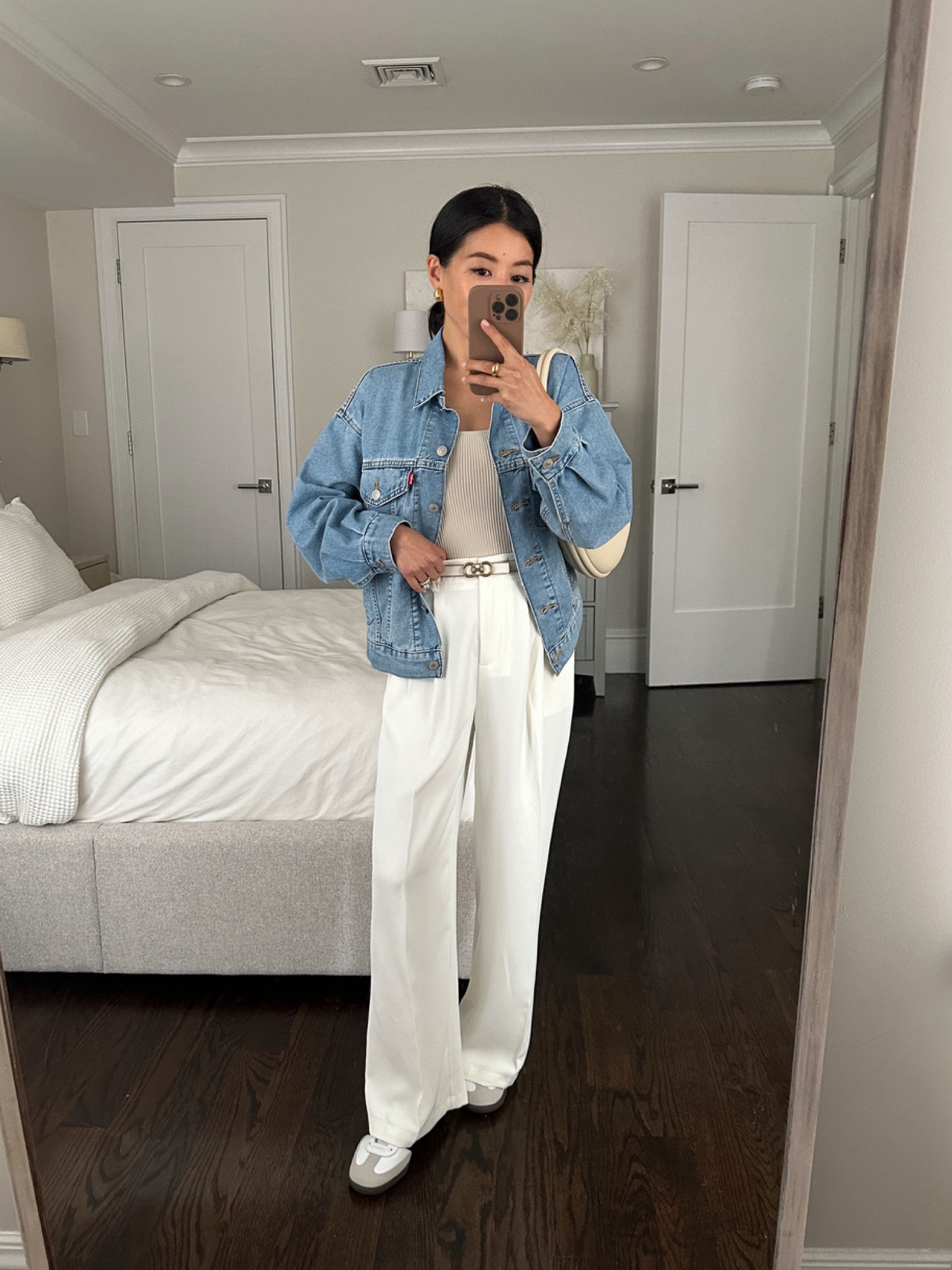 Petite spring casual outfit with sneakers

• Edited pieces belt xxs (editedpieces.com)

• Levi’s 90’s trucker jacket xxs in the way “magic beans” - I’m wearing the 90’s oversized fit style, but also linked the original under similar for those who like a classic fit. 

• Aritzia tank top xxs

• Amazon white trousers xs Short -  These are sheer so I usually wear skin toned leggings under, I’d recommend the black or khaki thin colors instead for no sheerness. Xs short fits me well and is shorter than most of my petite trousers. Also linked similar AF Harper crepe pants which are thicker . 

• Adidas sambas men’s 4= women’s 5/5.5 - linked several retailers that carry smaller sizes 

• Songmont Luna bag 

Casual weekend errands mom outfits 

#LTKSeasonal