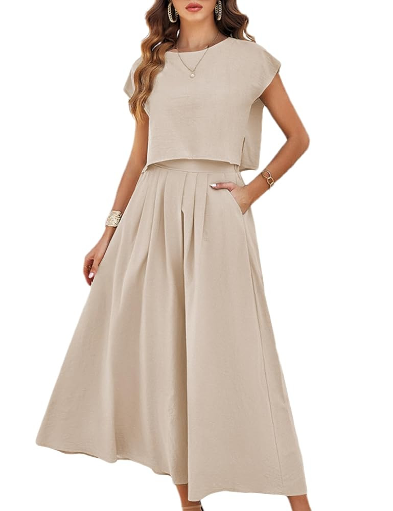 Mingzhu Womens 2 Piece Outfits Skirt Set Summer Casual Cap Sleeve Crop Tops Maxi Dress Sets with ... | Amazon (US)