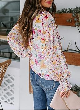 SHEWIN Women's Casual Boho Floral Print V Neck Long Sleeve Drawstring Tops Loose Blouses Button D... | Amazon (US)