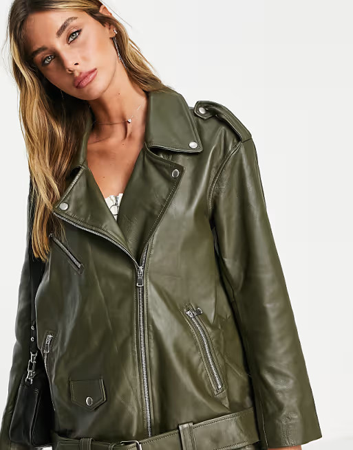 ASOS DESIGN leather jacket in khaki | ASOS (Global)