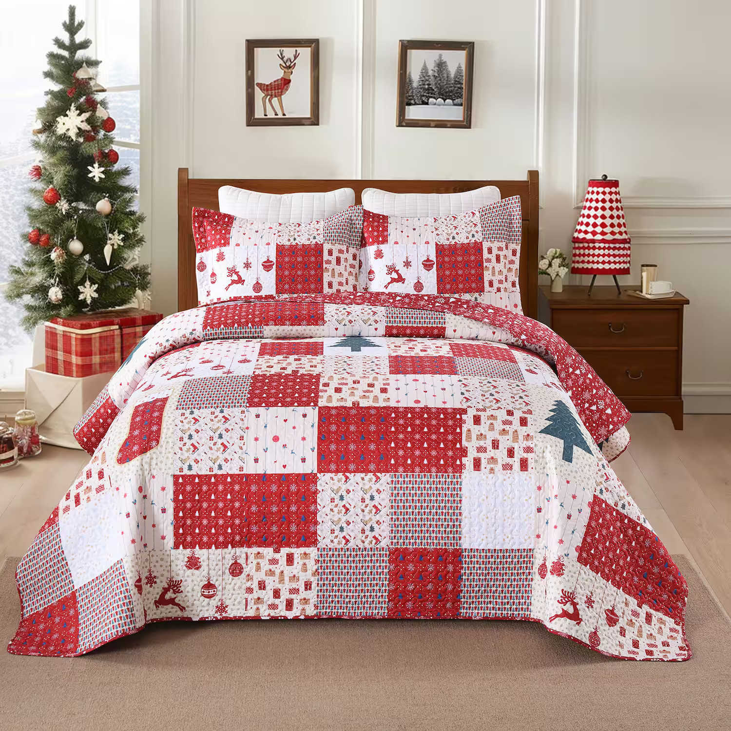 MarCielo - 3 Pcs Christmas Themed Holiday Polyester Patchwork Quilt Bedspread Set - Red | Best Buy U.S.
