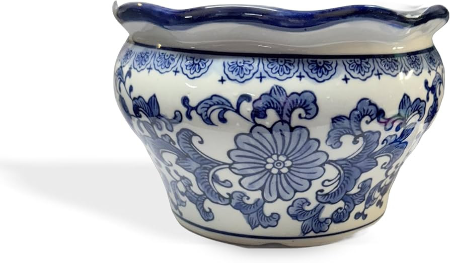 10.5" Beautiful Ruffel Scalloped Top Oriental Daisy Flowers & Vine Blue & White Ceramic Potbelly ... | Amazon (US)