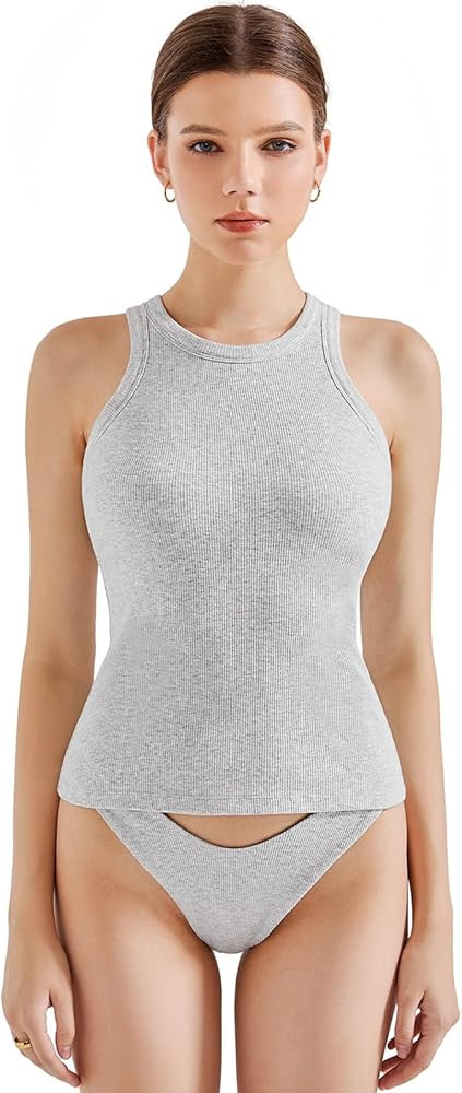 SUUKSESS Women Padded Cotton Ribbed Tank Tops 2025 Sleeveless High Neck Racerback Basic Tops(Crea... | Amazon (US)