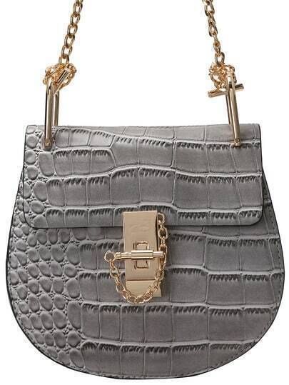 Grey Crocodile Embrossed Chain Saddle Bag | SHEIN