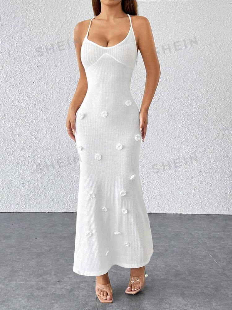 SHEIN PETITE Elegant Backless Knit Dress With Tailored Flowers, Suitable For Holiday, Street Wear... | SHEIN